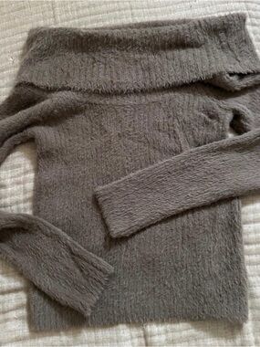 Hippie Rose Fuzzy Off-Shoulder Sweater - Taupe Gray